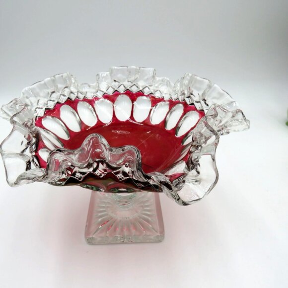 Westmoreland Compote 4.5" Ruby Red Ruffled Edge Glass Pedestal Bowl Vintage - Picture 2 of 9